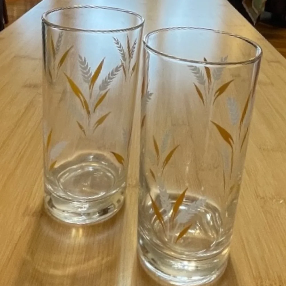 Libbey wheat spray highball glasses, set of 4, gold rim, vintage, mid-century